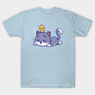 Cute Cat Sleeping With Chick Cartoon T-Shirt